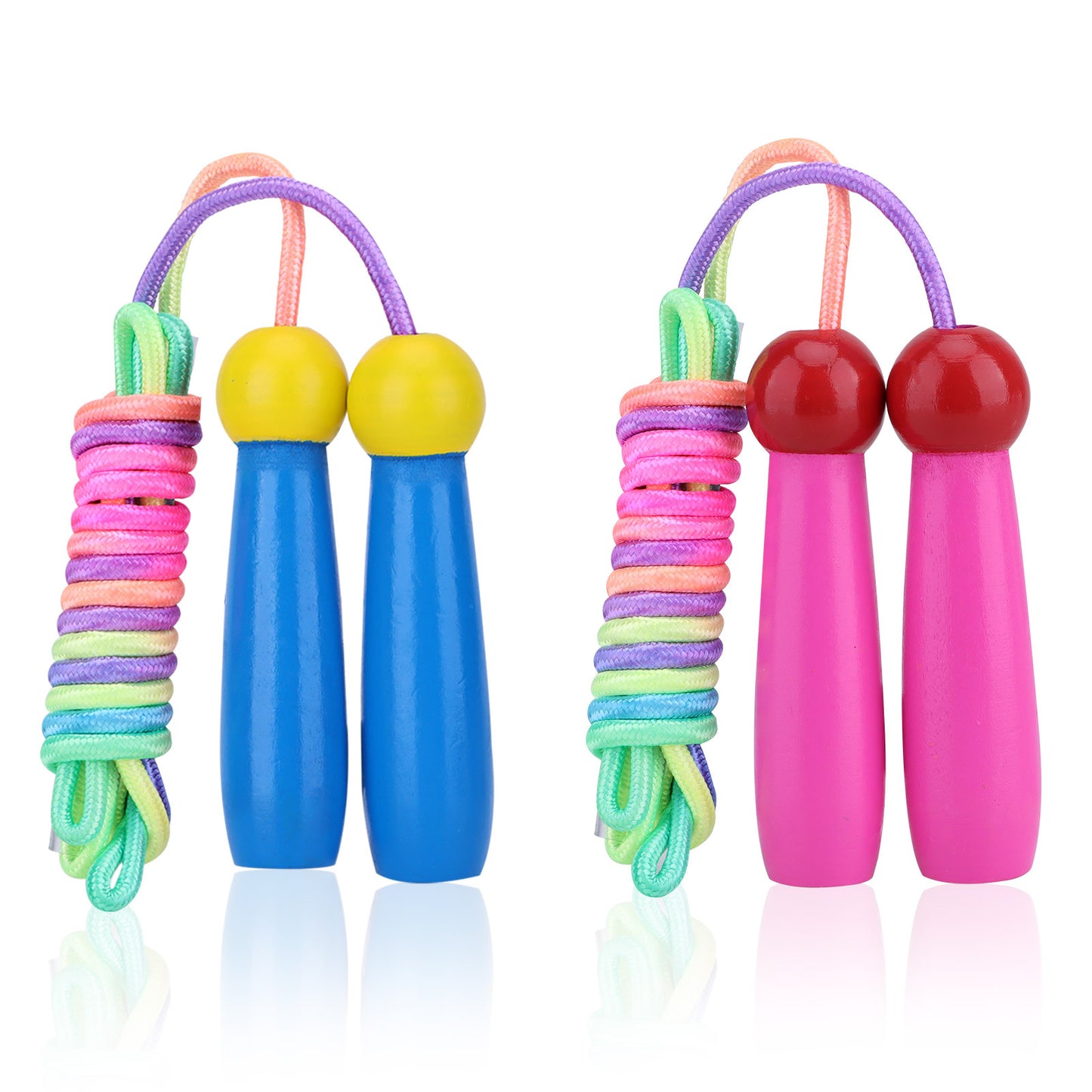 2 Pack Kids Adjustable Cotton Jump Rope with Wooden Handles – Pink + Blue