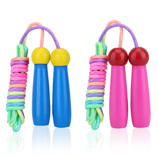 2 Pack Kids Adjustable Cotton Jump Rope with Wooden Handles – Pink + Blue