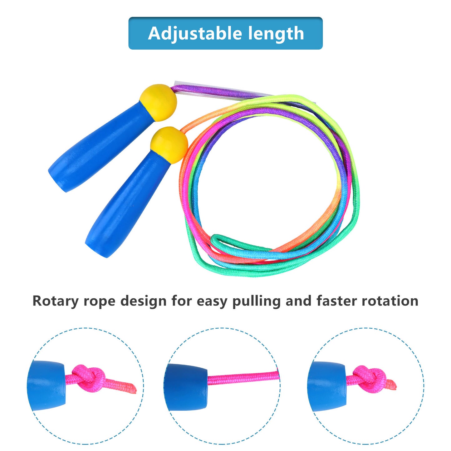 2 Pack Kids Adjustable Cotton Jump Rope with Wooden Handles – Pink + Blue