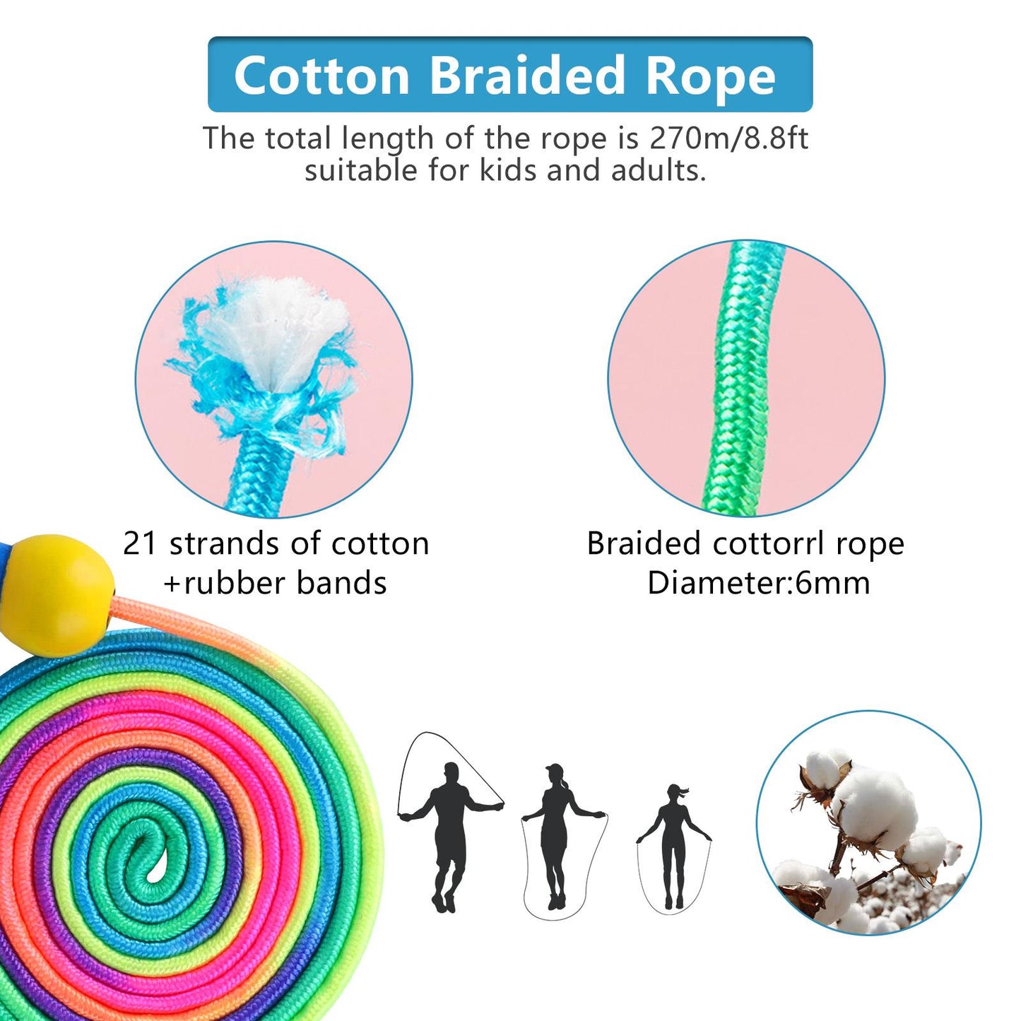 2 Pack Kids Adjustable Cotton Jump Rope with Wooden Handles – Pink + Blue