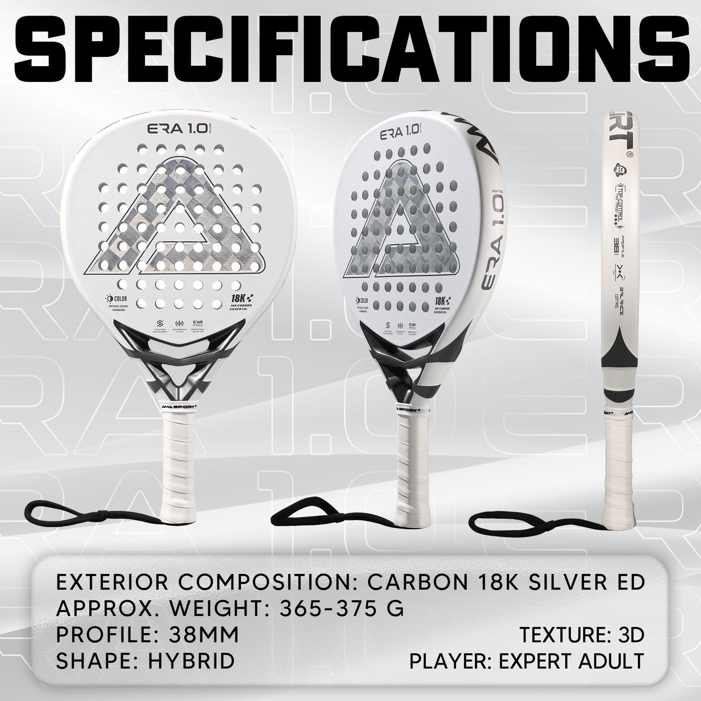 AMA Sport ERA 1.0 Silver Padel Racket 18K Carbon Teardrop Shape