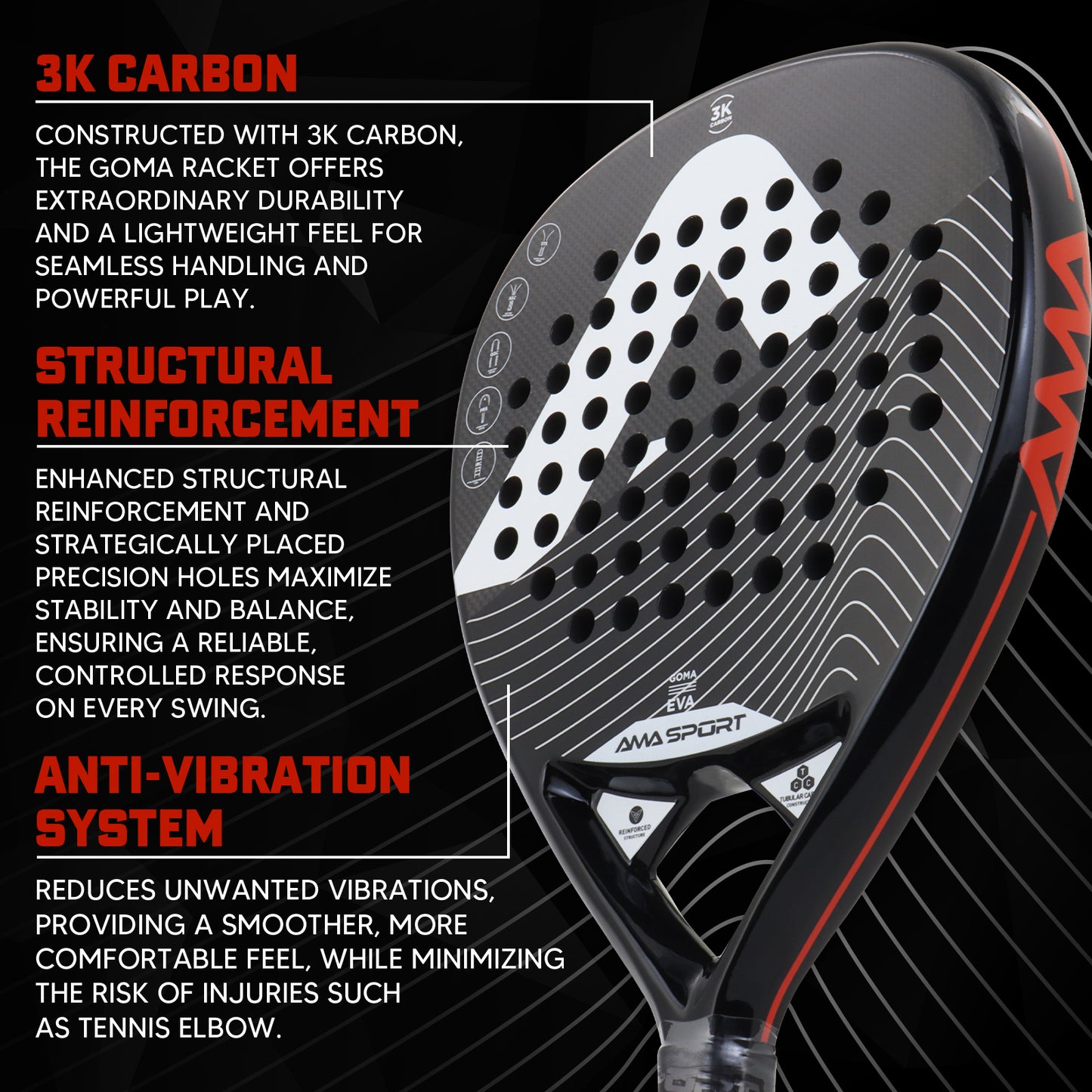 AMA Sport Goma P42 Padel Racket 3K Carbon Teardrop Shape