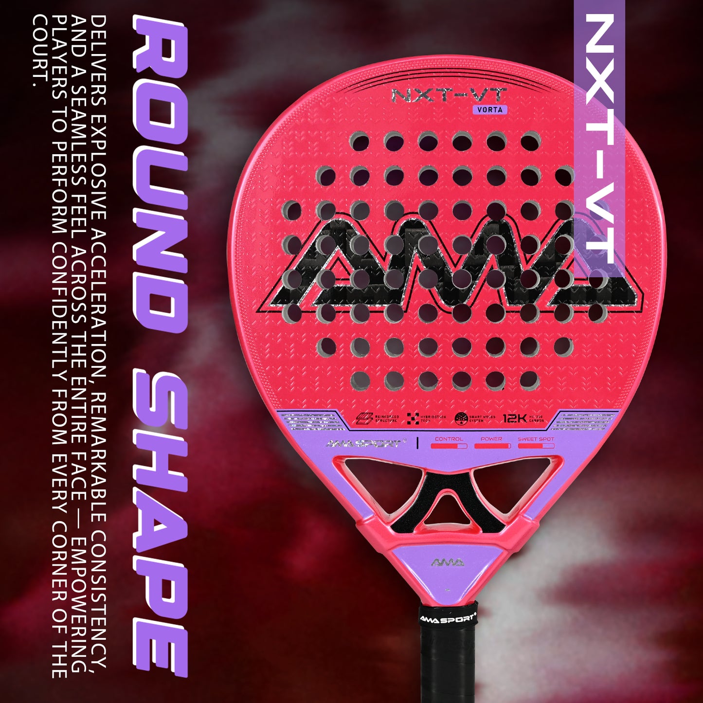 AMA Sport NXT-VT VORTA Padel Racket 12K Carbon Round Shape Pink