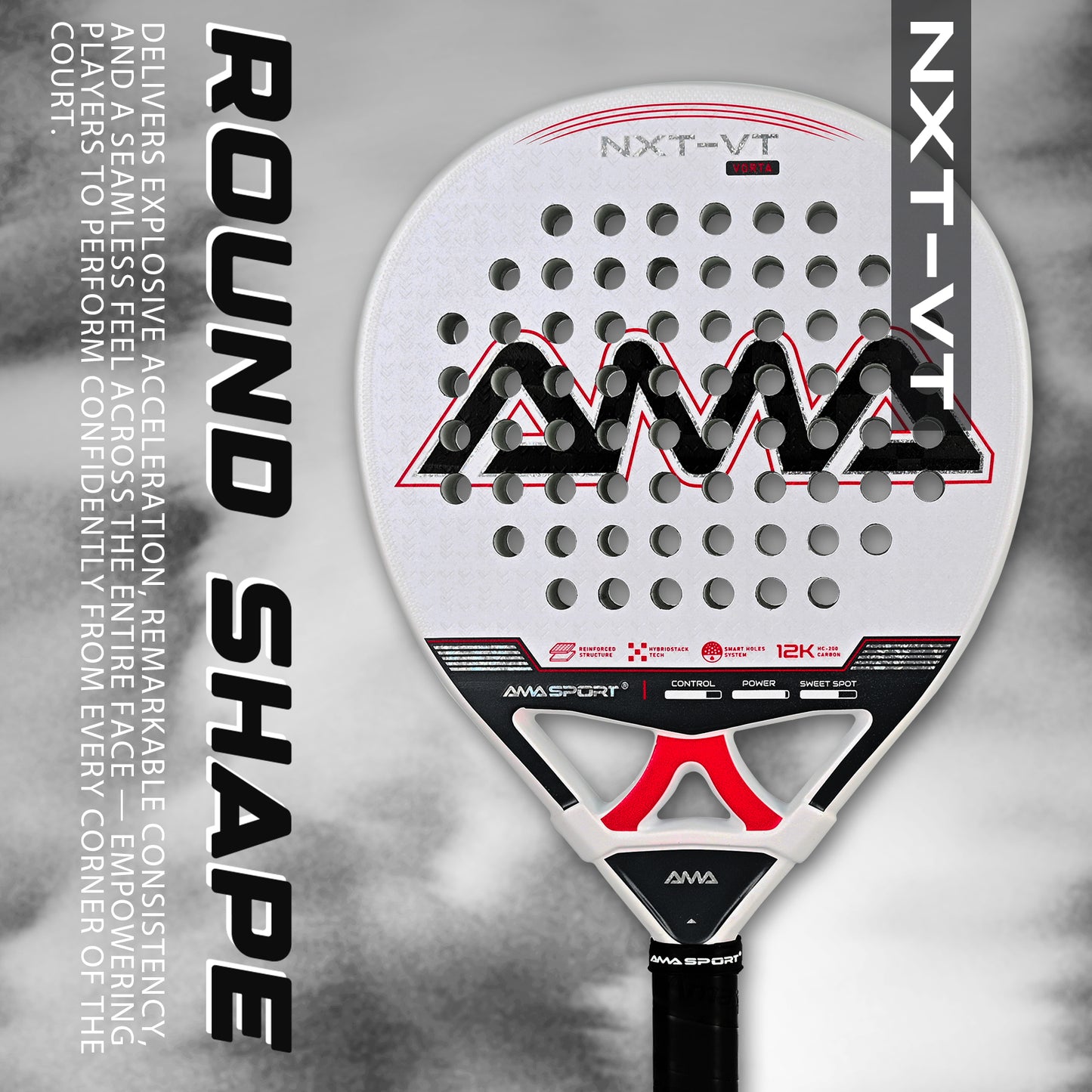 AMA Sport NXT-VT VORTA Padel Racket 12K Carbon Round Shape White