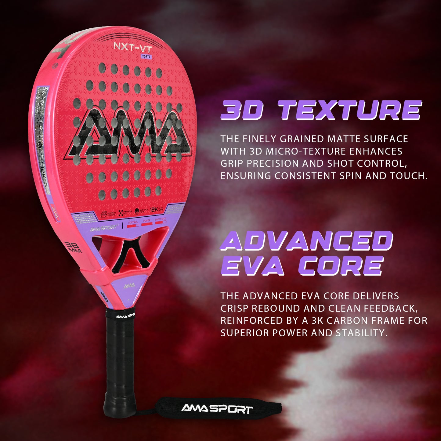 AMA Sport NXT-VT VORTA Padel Racket 12K Carbon Round Shape Pink
