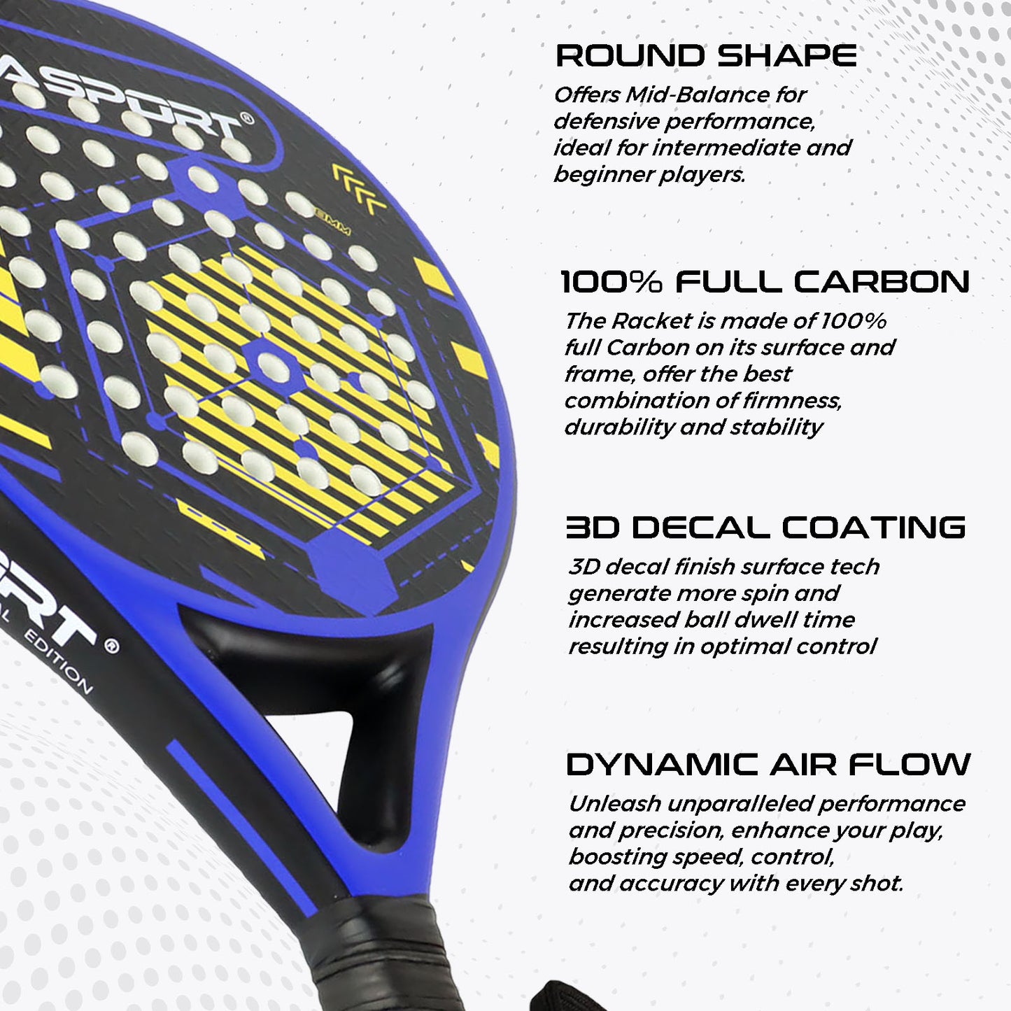 AMA Sport P46 Padel Racket 100% Carbon Round Shape Blue