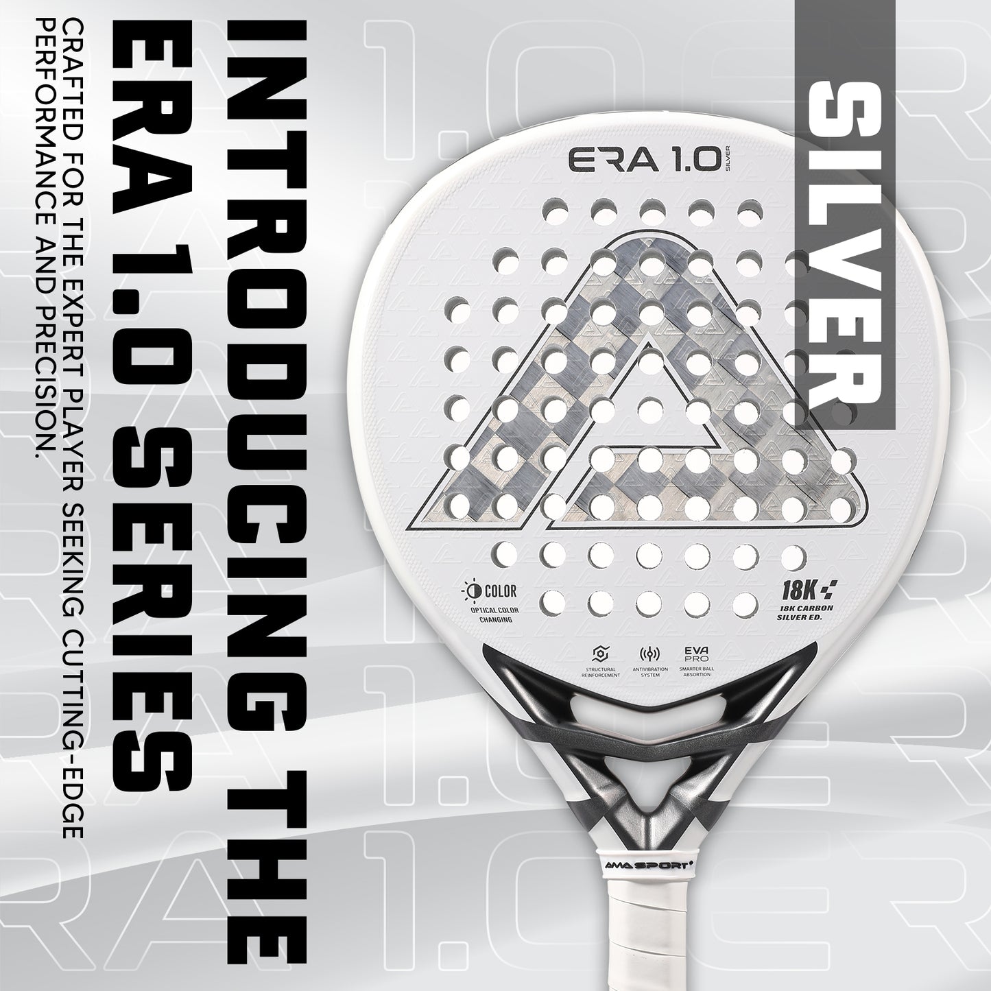 AMA Sport ERA 1.0 Silver Padel Racket 18K Carbon Teardrop Shape