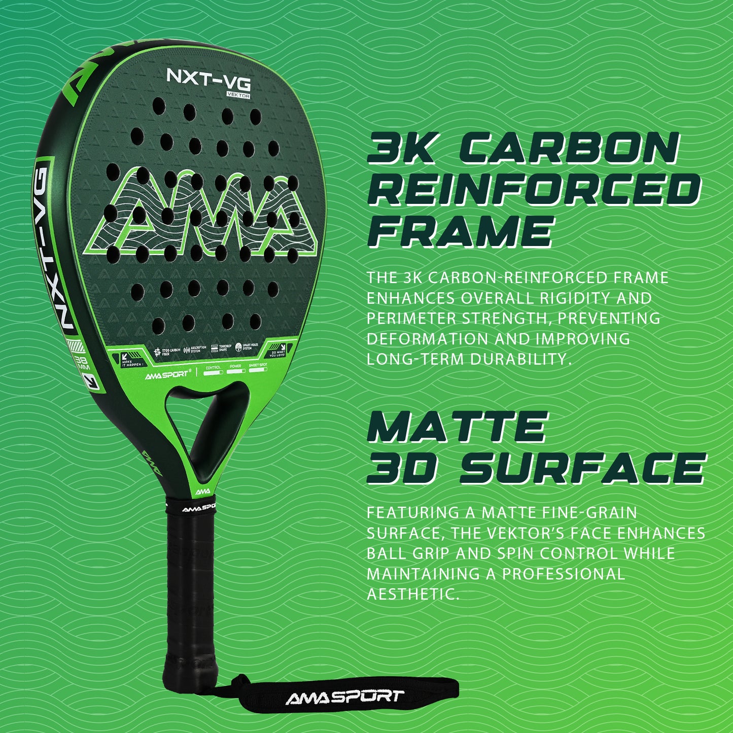 AMA Sport NXT-VG VEKTOR Padel Racket T700 Carbon Teardrop Shape Green