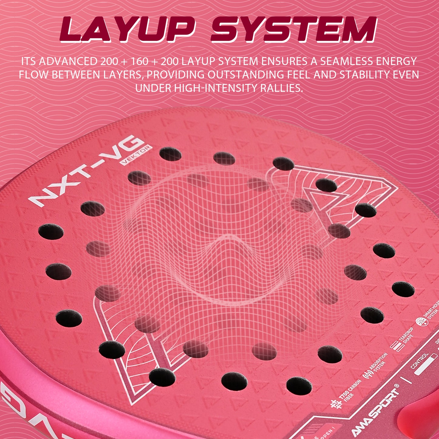 AMA Sport NXT-VG VEKTOR Padel Racket T700 Carbon Teardrop Shape Pink