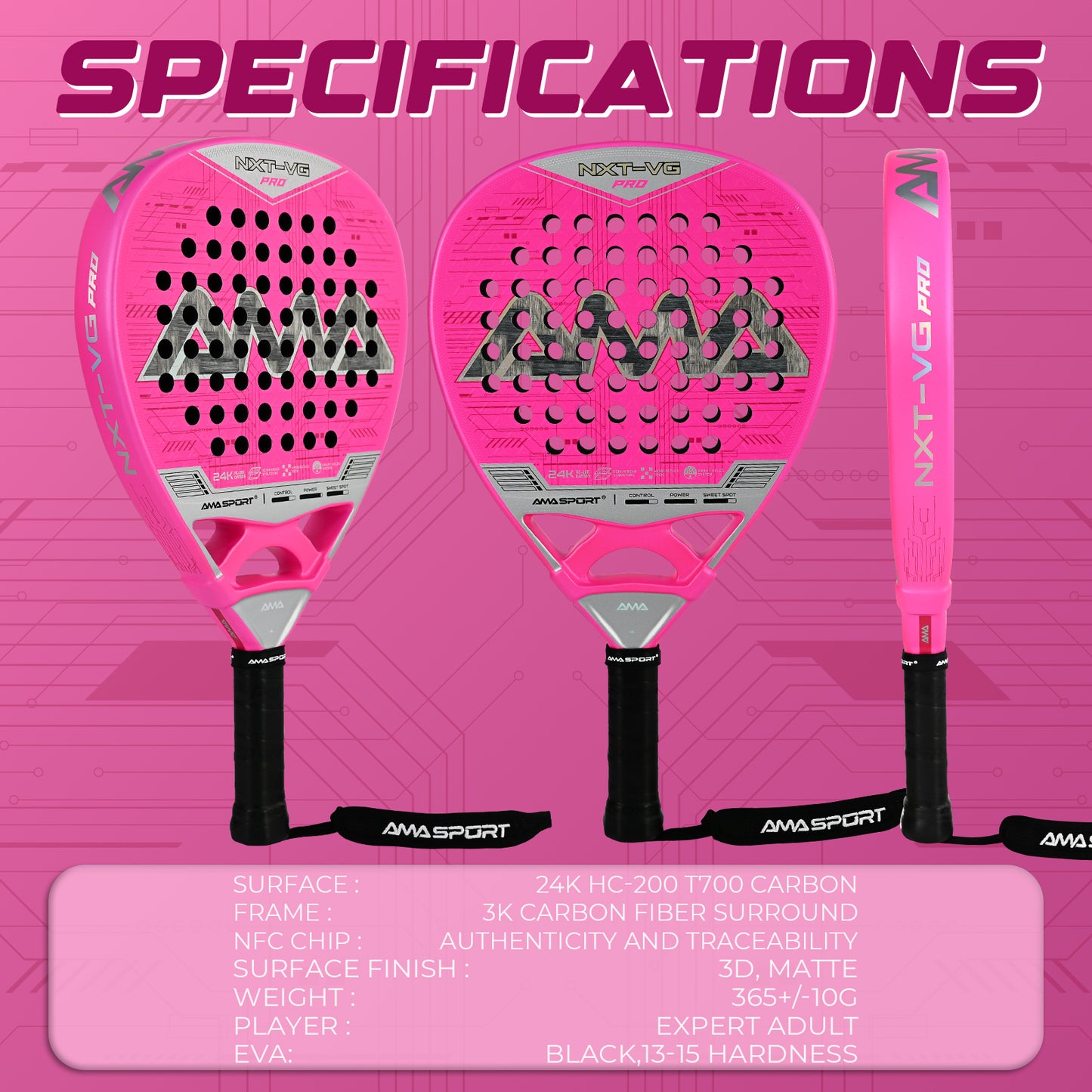 AMA Sport NXT-VG Pro Padel Racket 24K Carbon Diamond Shape Pink