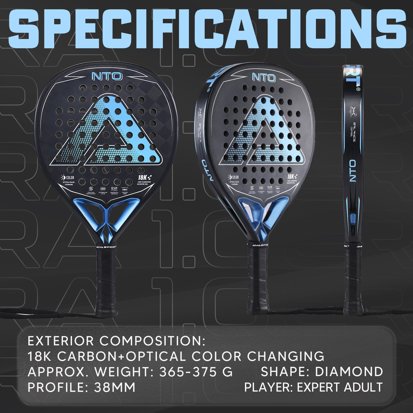 AMA Sport NTO JP89 Padel Racket 18K Carbon Diamond Shape Blue