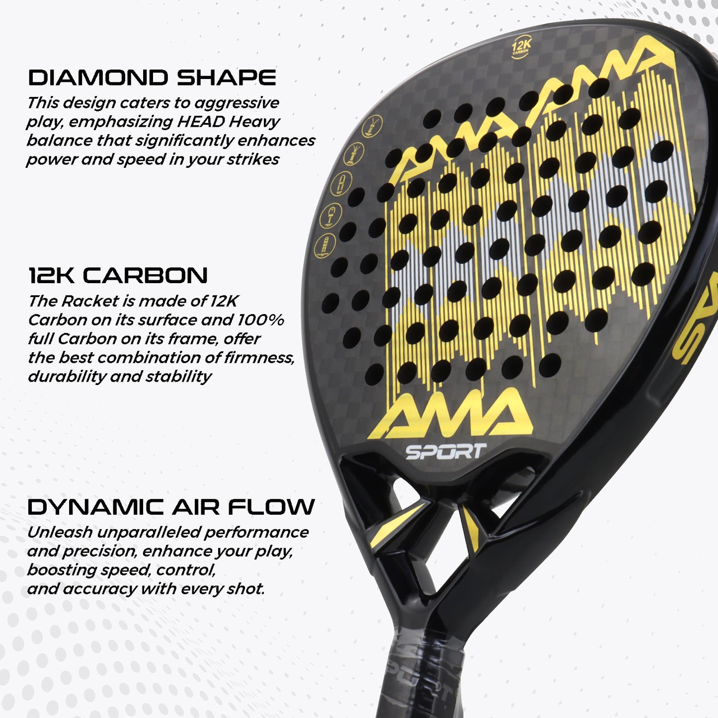 AMA Sport P90 Empire Padel Racket 12K Carbon Diamond Shape Gold