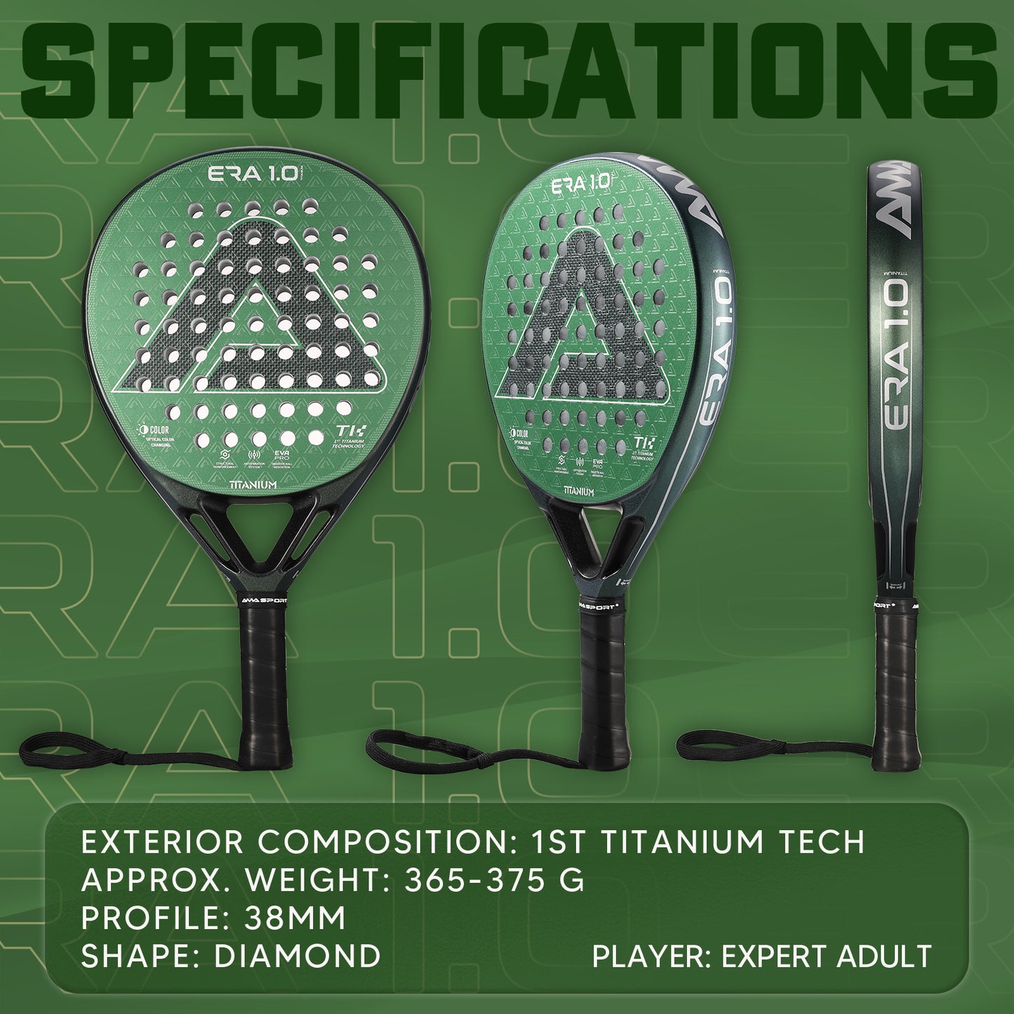 AMA Sport ERA 1.0 Titanium Green Padel Racket Carbon Diamond Shape