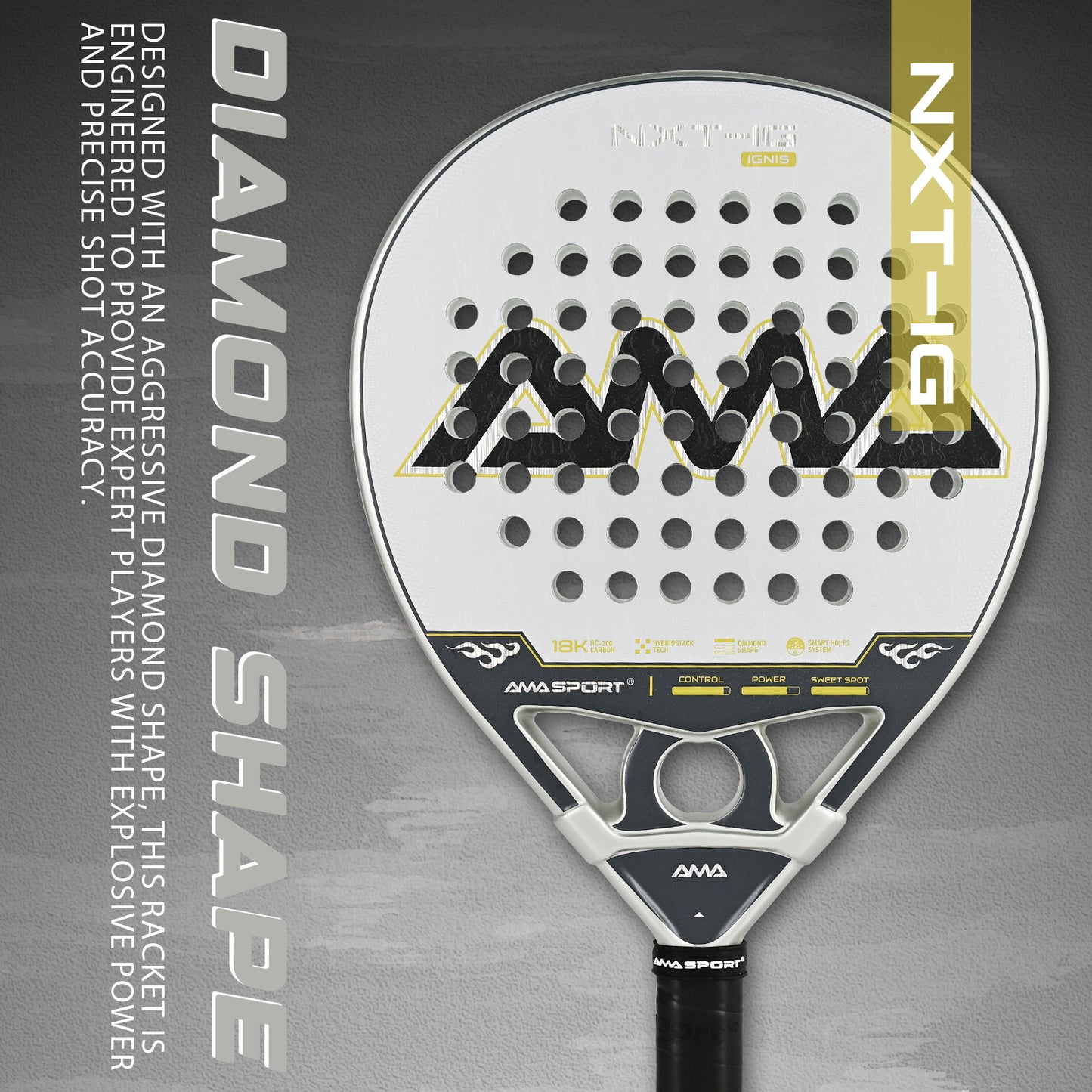 AMA Sport NXT-IG IGNIS Padel Racket 18K Carbon Diamond Shape Silver