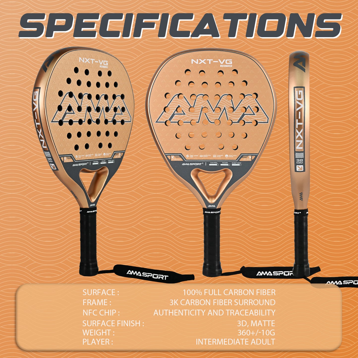 AMA Sport NXT-VG VEKTOR Padel Racket T700 Carbon Teardrop Shape Beige
