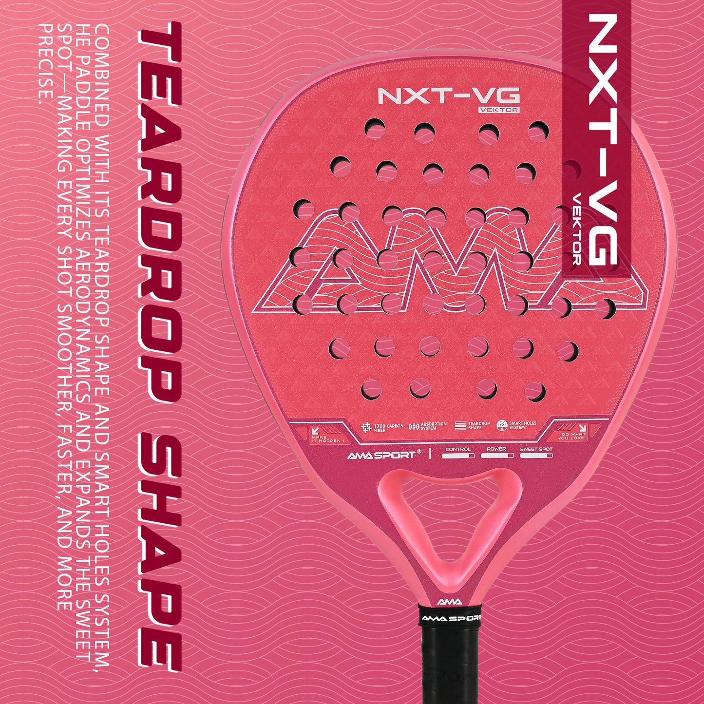 AMA Sport NXT-VG VEKTOR Padel Racket T700 Carbon Teardrop Shape Pink