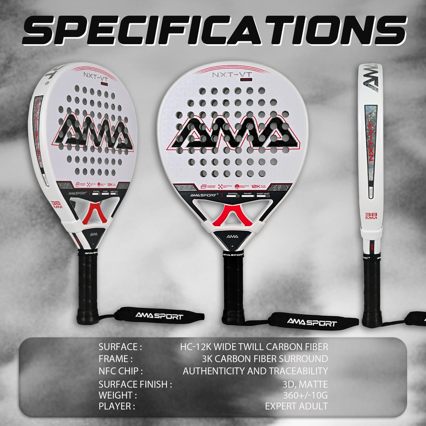 AMA Sport NXT-VT VORTA Padel Racket 12K Carbon Round Shape White