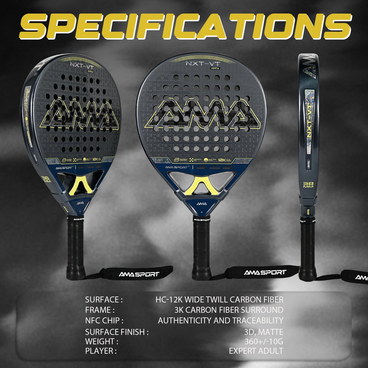 AMA Sport NXT-VT VORTA Padel Racket 12K Carbon Round Shape Black