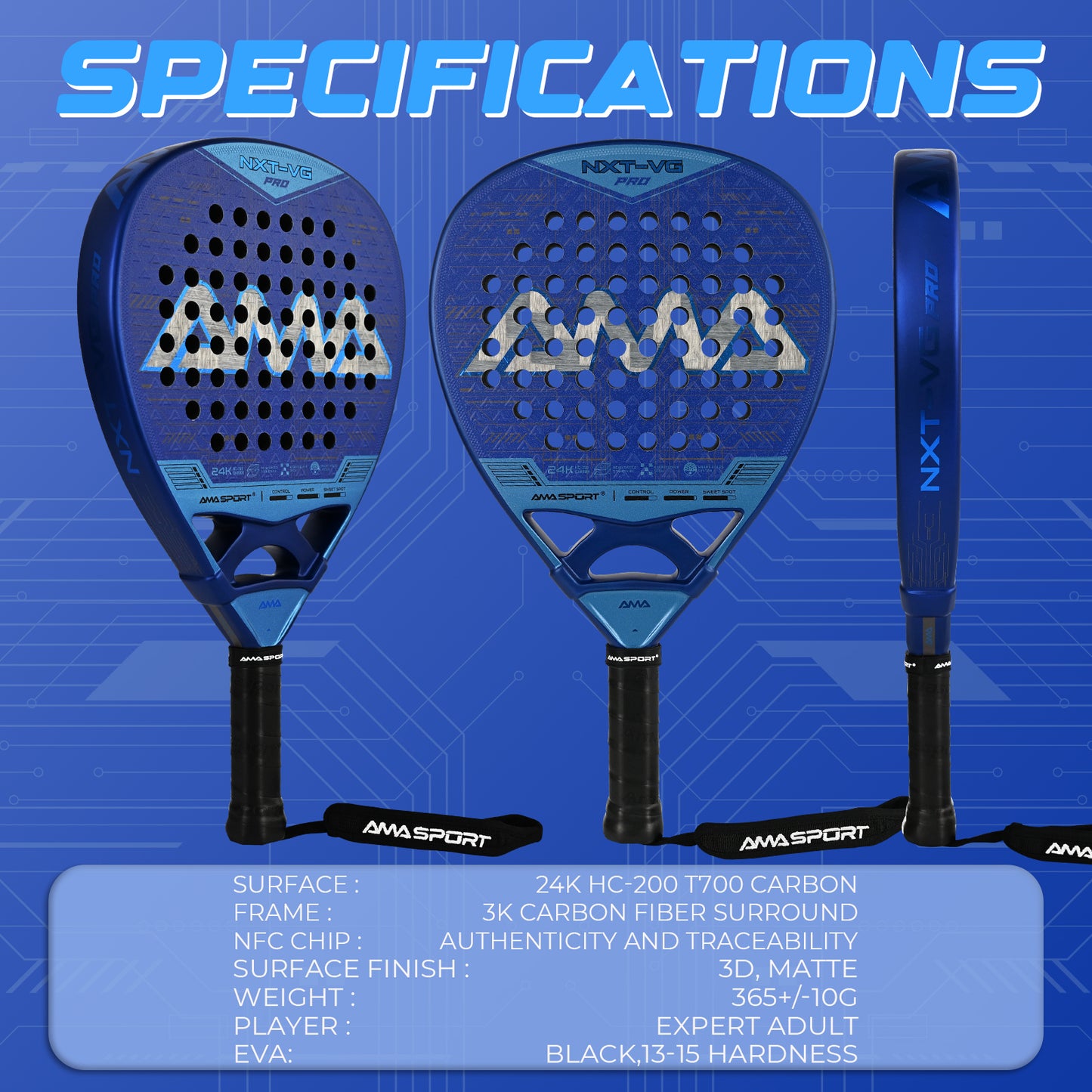 AMA Sport NXT-VG Pro Padel Racket 24K Carbon Diamond Shape Blue
