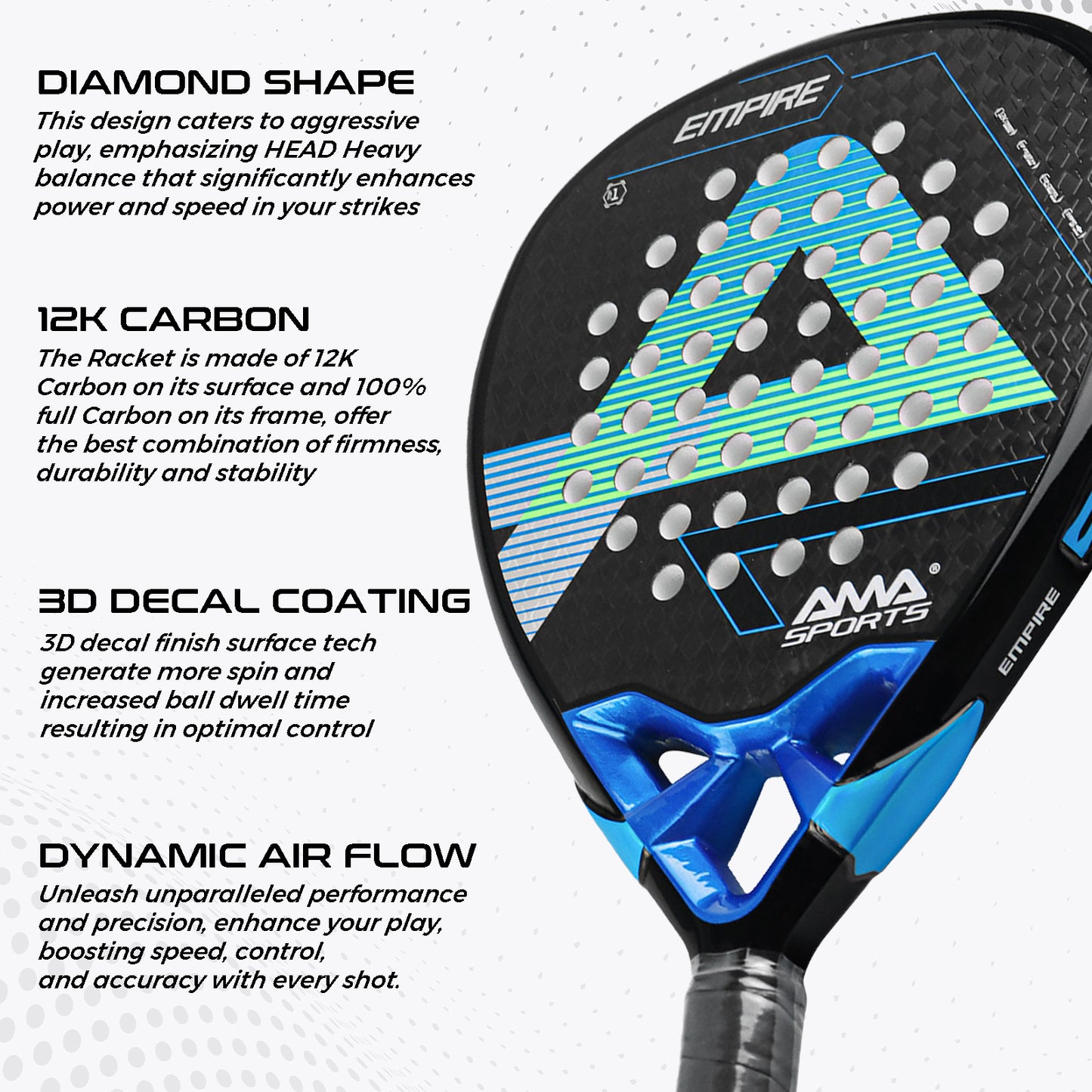 AMA Sport P90 Empire Padel Racket 12K Carbon Diamond Shape Blue
