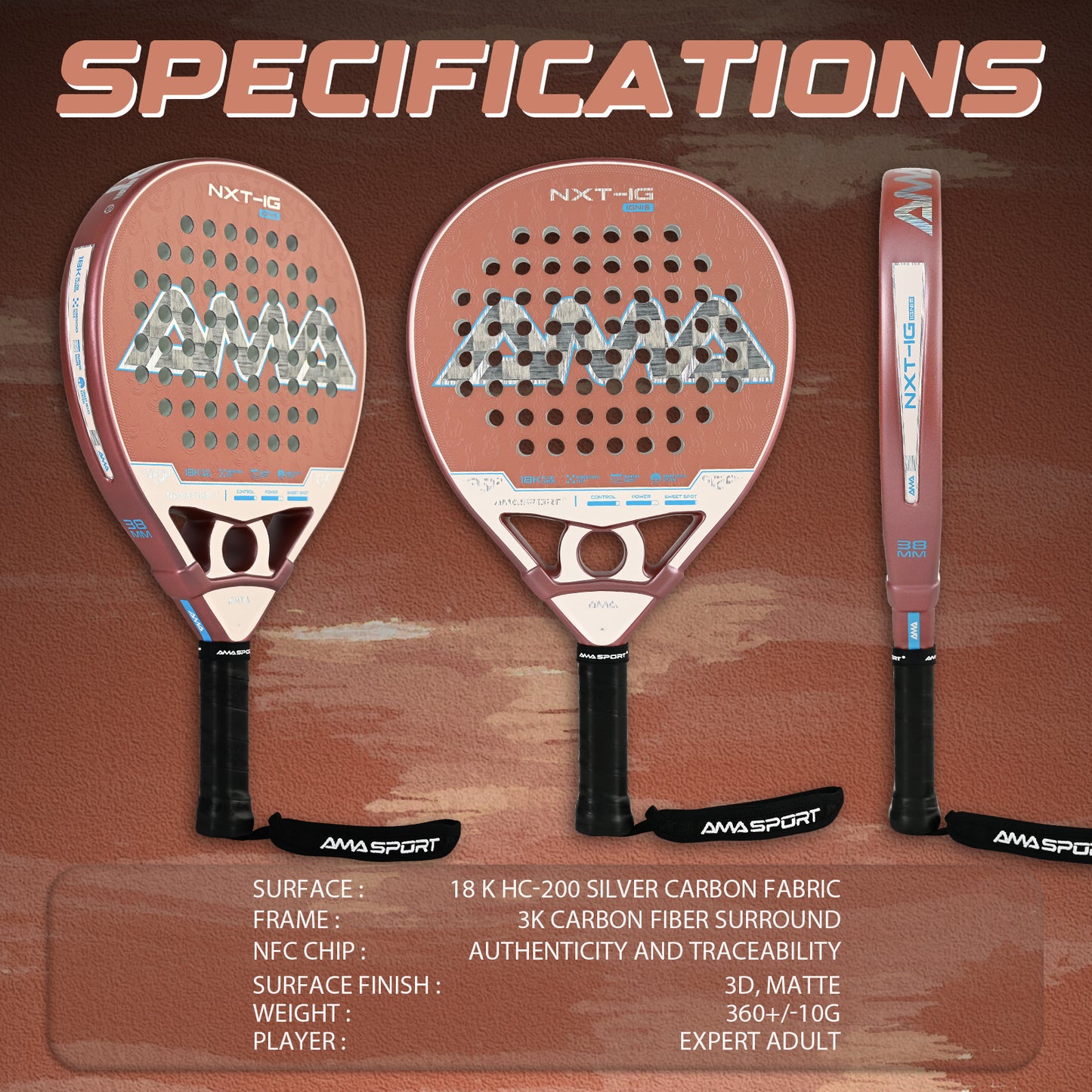 AMA Sport NXT-IG IGNIS Padel Racket 18K Carbon Diamond Shape Rose Gold