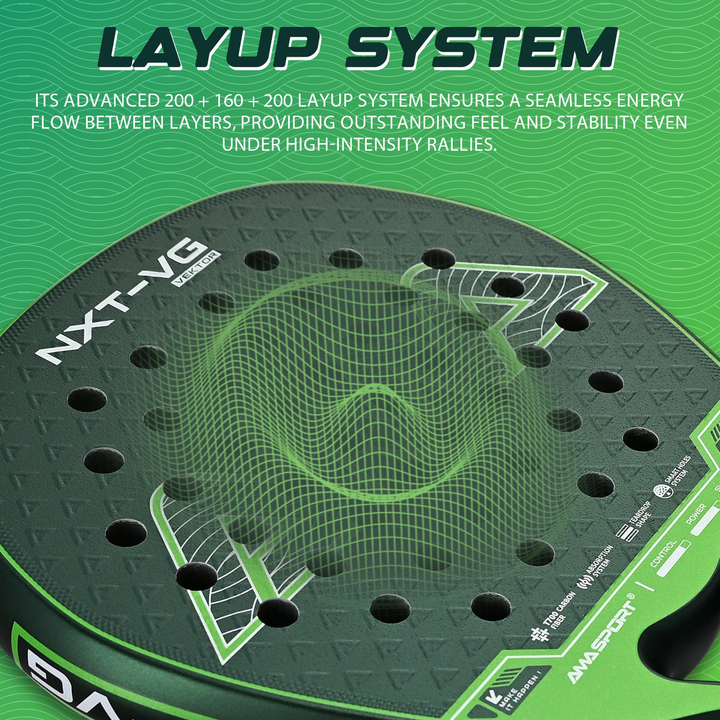 AMA Sport NXT-VG VEKTOR Padel Racket T700 Carbon Teardrop Shape Green