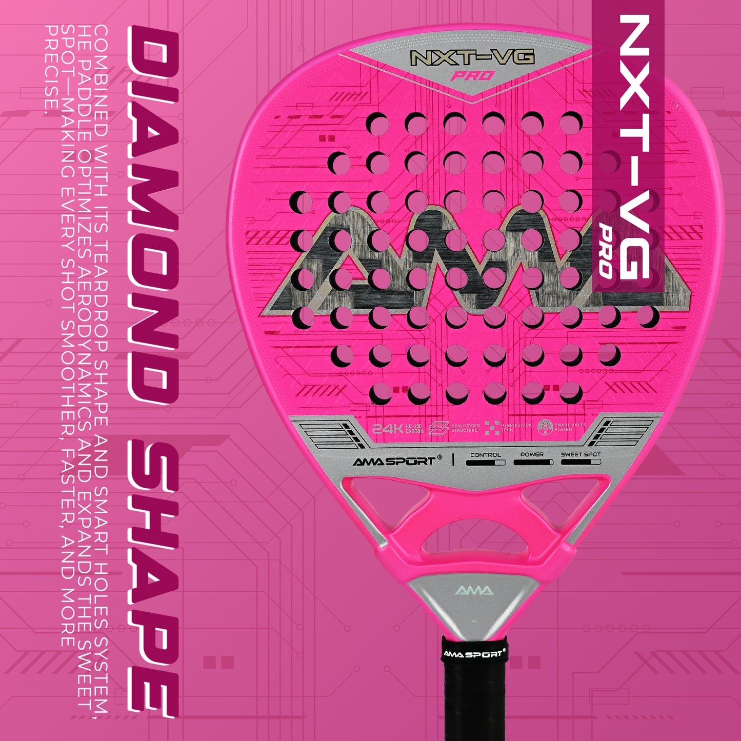 AMA Sport NXT-VG Pro Padel Racket 24K Carbon Diamond Shape Pink