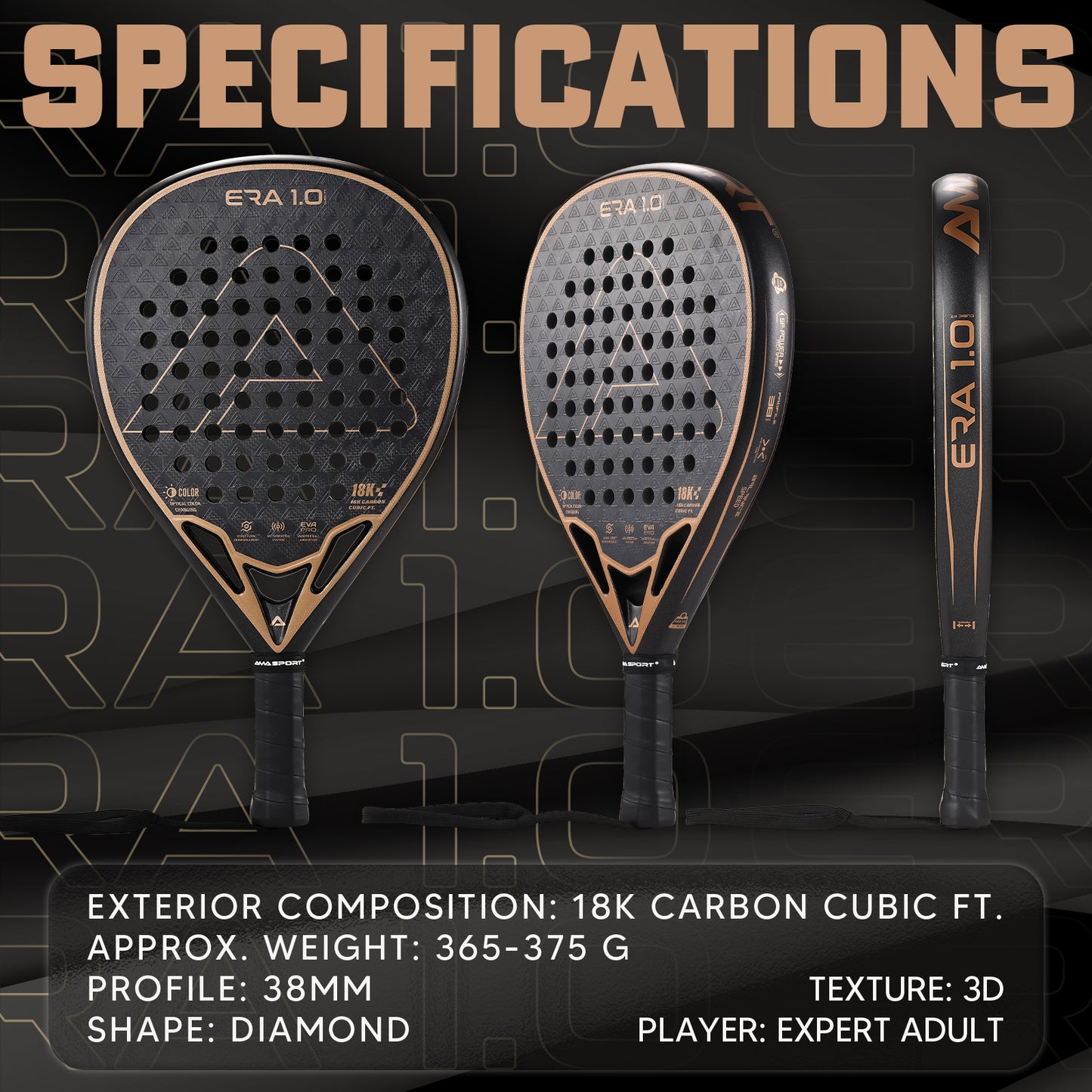 AMA Sport ERA 1.0 Cubic FT Padel Racket 18K Carbon Diamond Shape