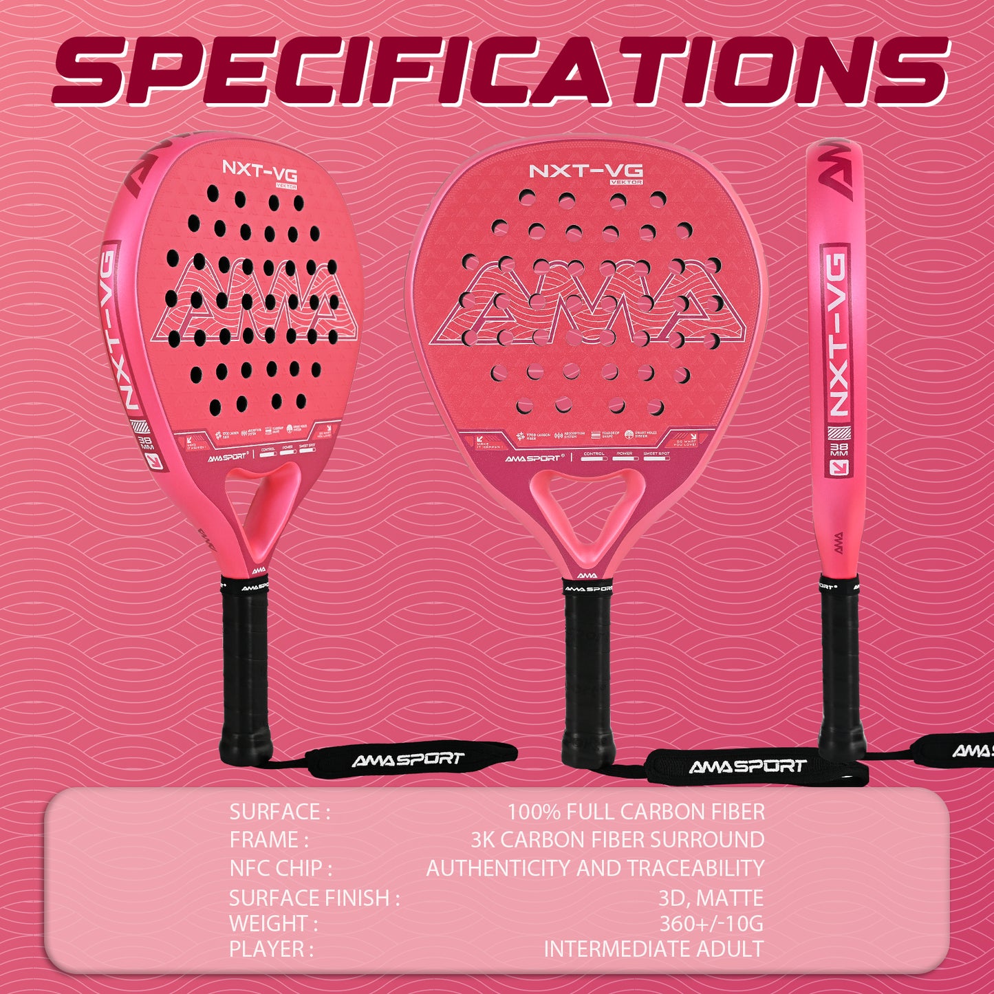 AMA Sport NXT-VG VEKTOR Padel Racket T700 Carbon Teardrop Shape Pink