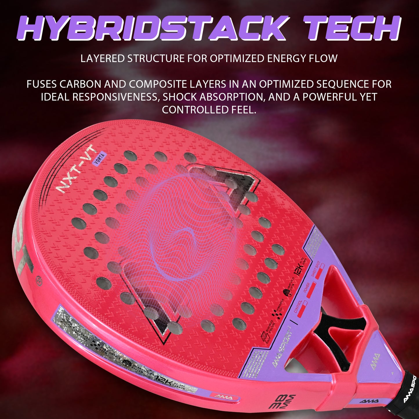 AMA Sport NXT-VT VORTA Padel Racket 12K Carbon Round Shape Pink