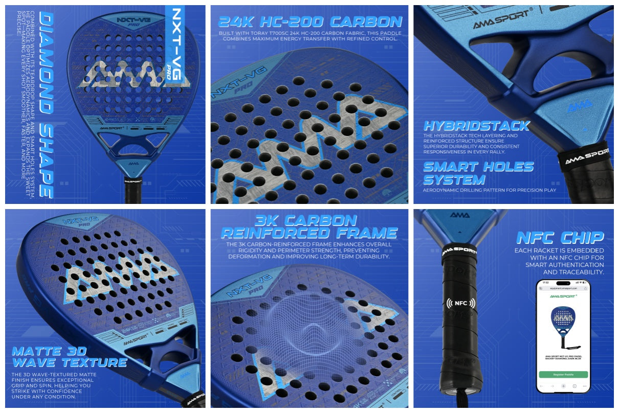AMA Sport NXT-VG Pro Padel Racket 24K Carbon Diamond Shape Blue