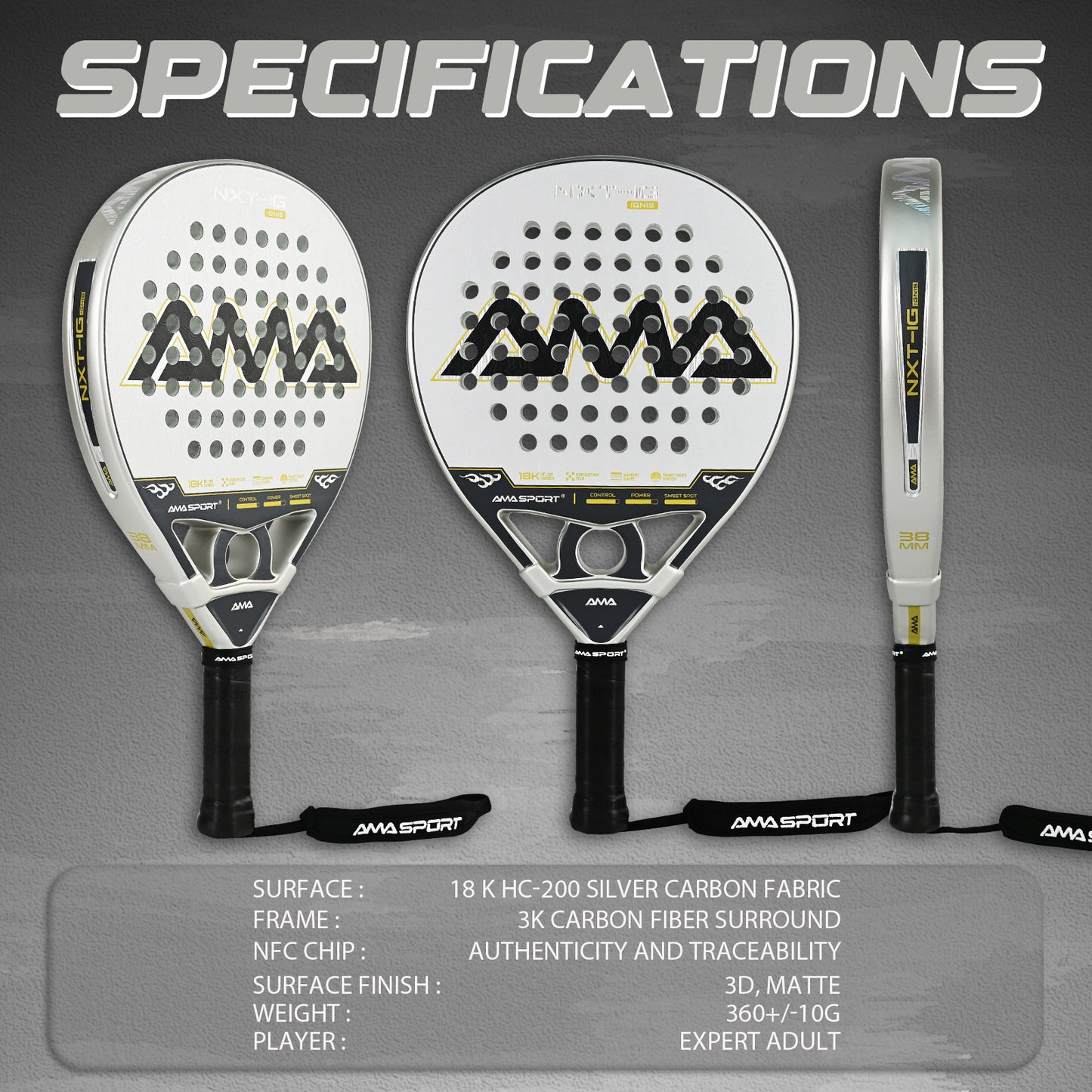 AMA Sport NXT-IG IGNIS Padel Racket 18K Carbon Diamond Shape Silver