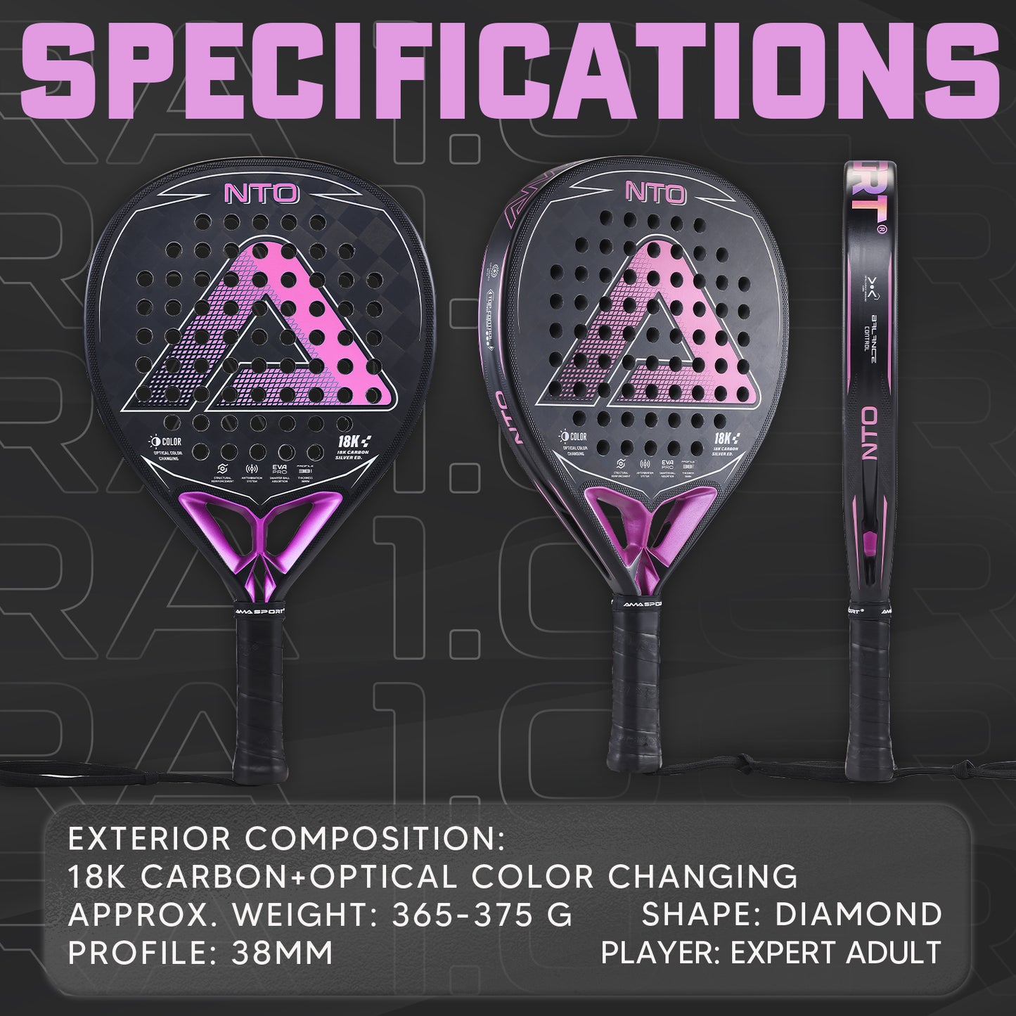 AMA Sport NTO JP89 Padel Racket 18K Carbon Diamond Shape Pink