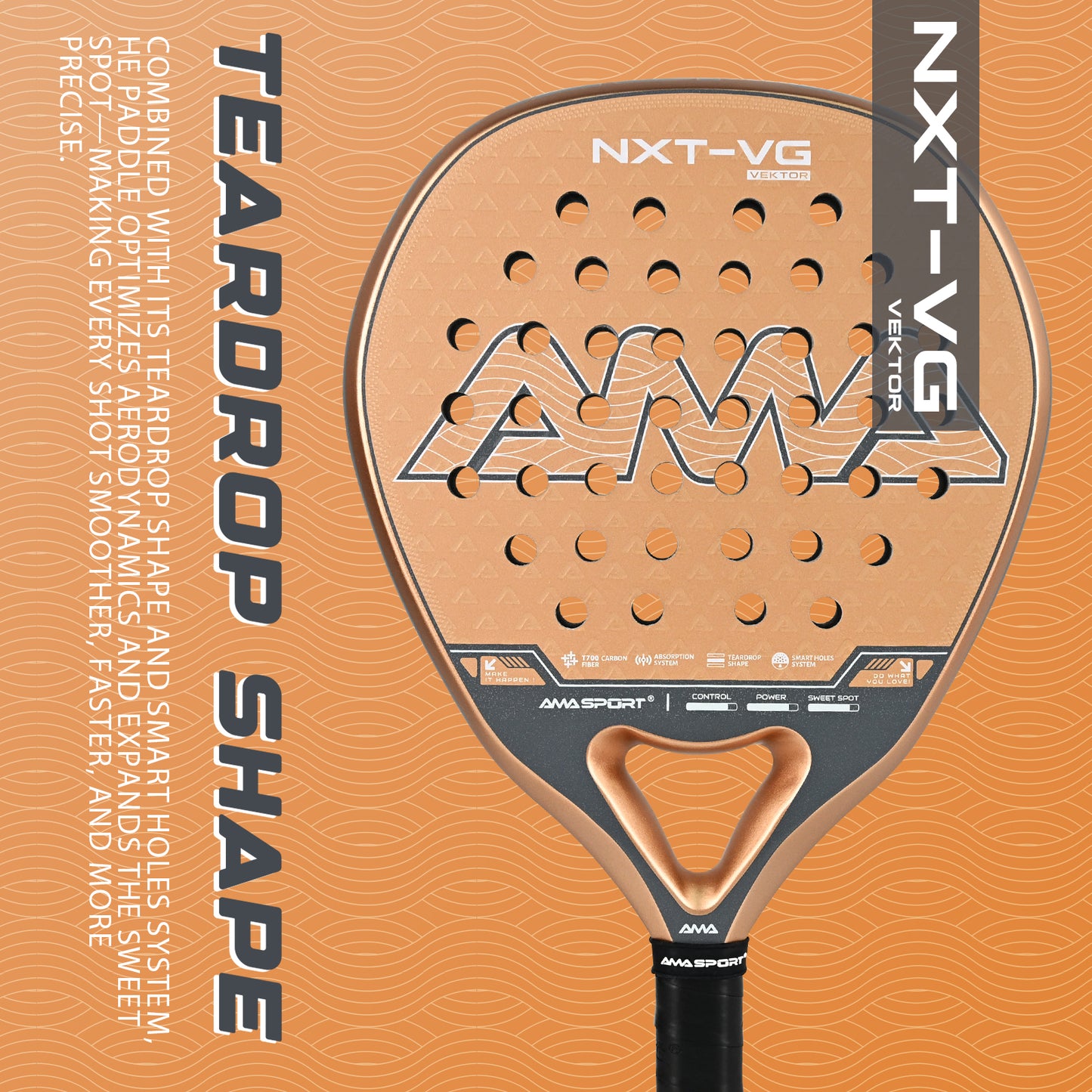 AMA Sport NXT-VG VEKTOR Padel Racket T700 Carbon Teardrop Shape Beige