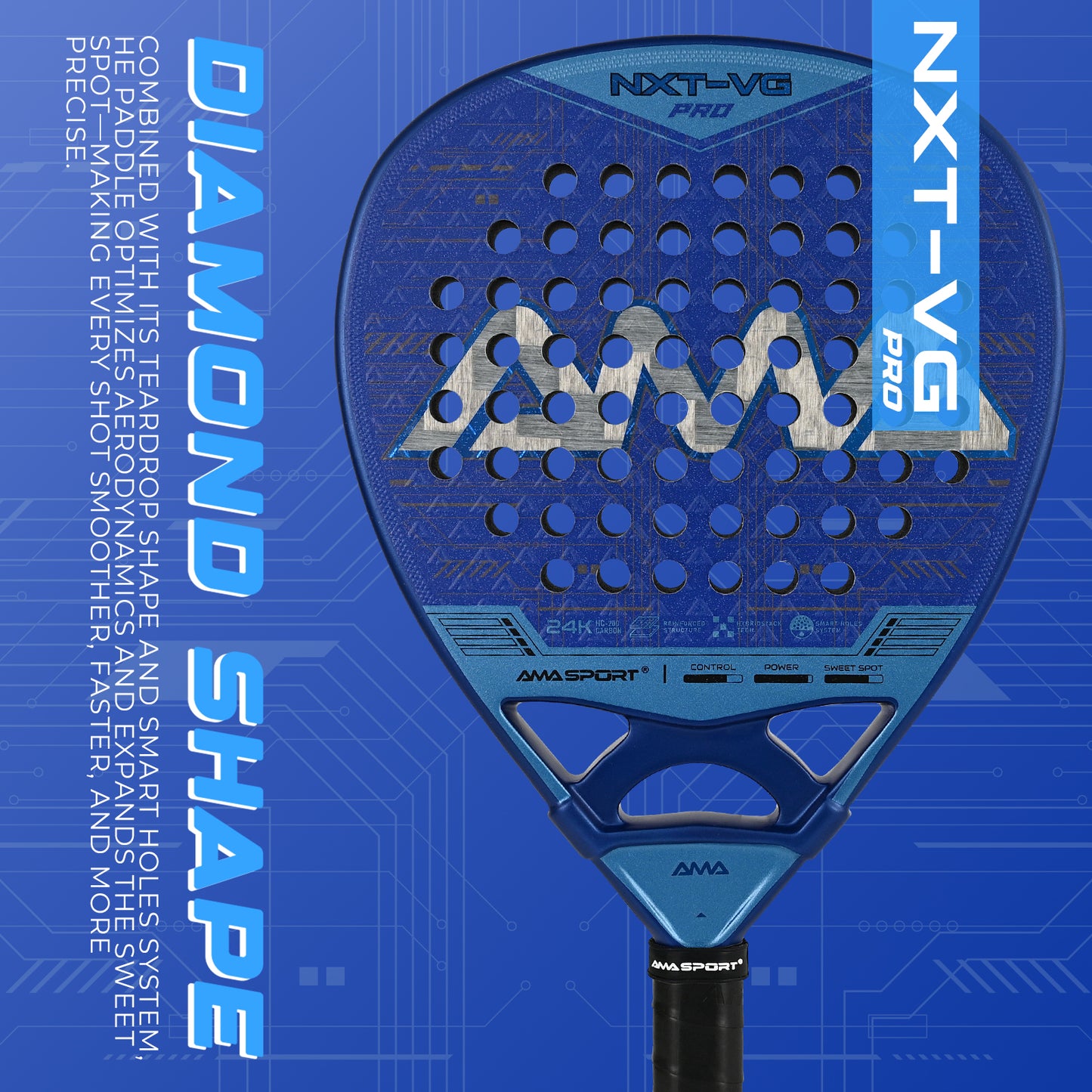 AMA Sport NXT-VG Pro Padel Racket 24K Carbon Diamond Shape Blue