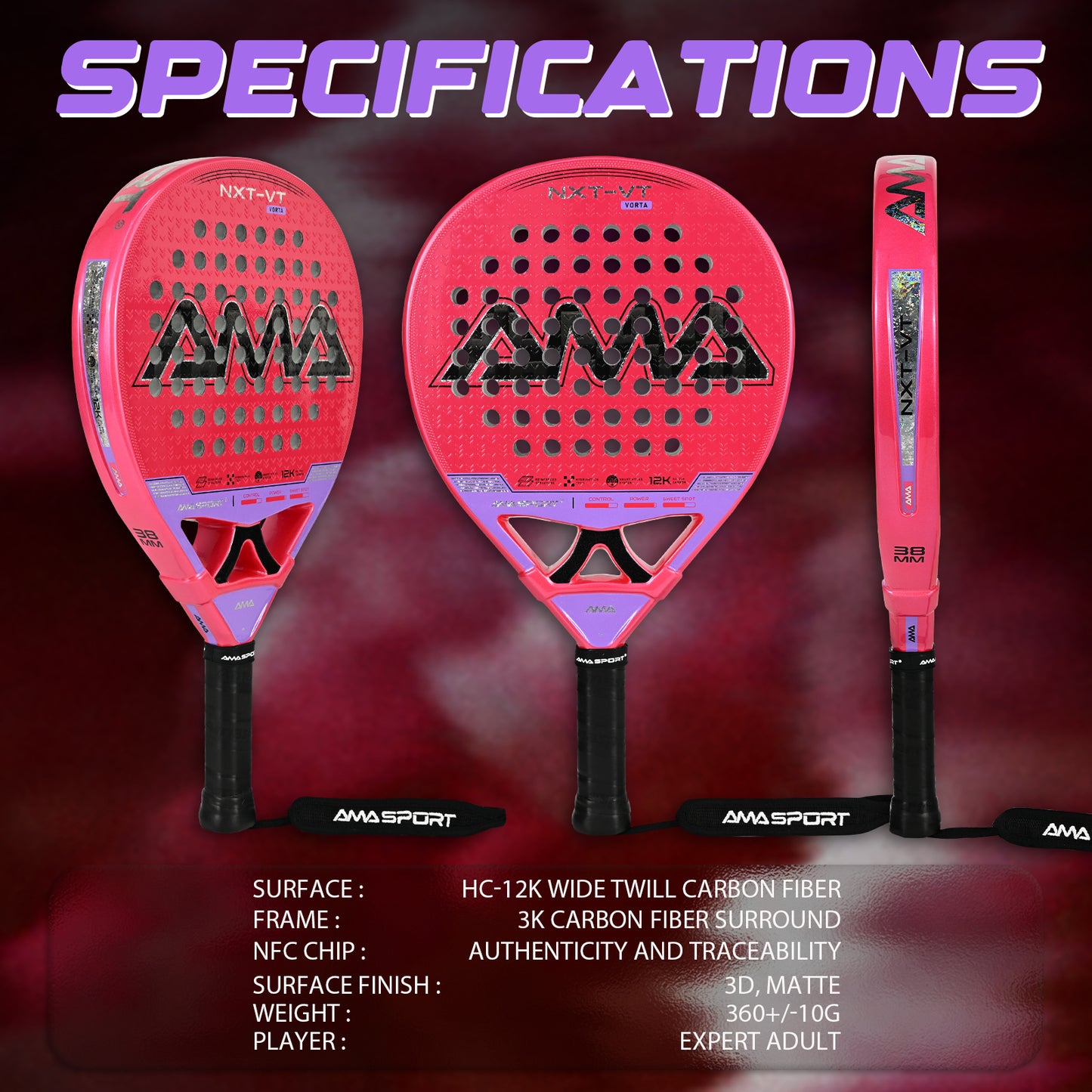 AMA Sport NXT-VT VORTA Padel Racket 12K Carbon Round Shape Pink