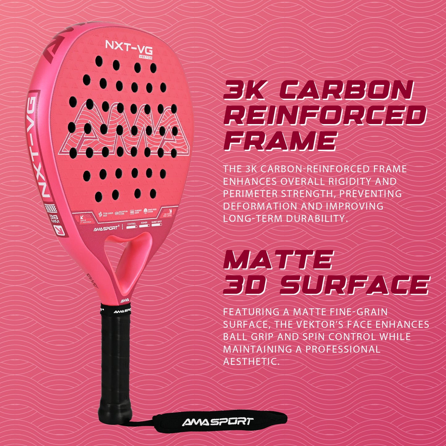 AMA Sport NXT-VG VEKTOR Padel Racket T700 Carbon Teardrop Shape Pink