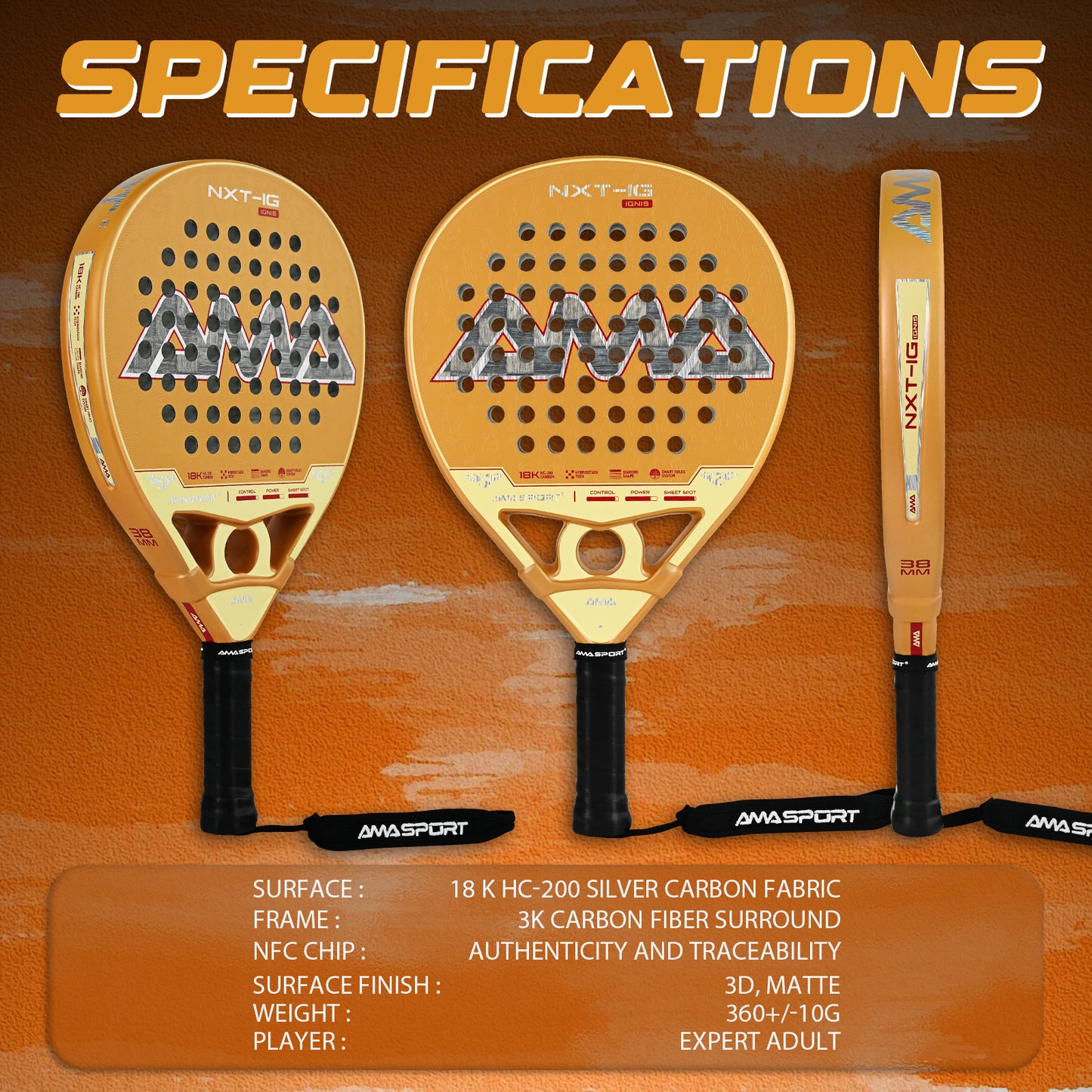 AMA Sport NXT-IG IGNIS Padel Racket 18K Carbon Diamond Shape Gold