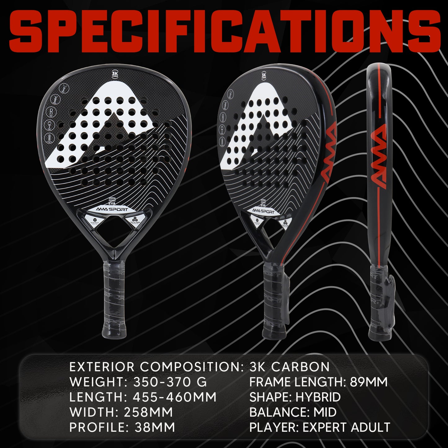 AMA Sport Goma P42 Padel Racket 3K Carbon Teardrop Shape
