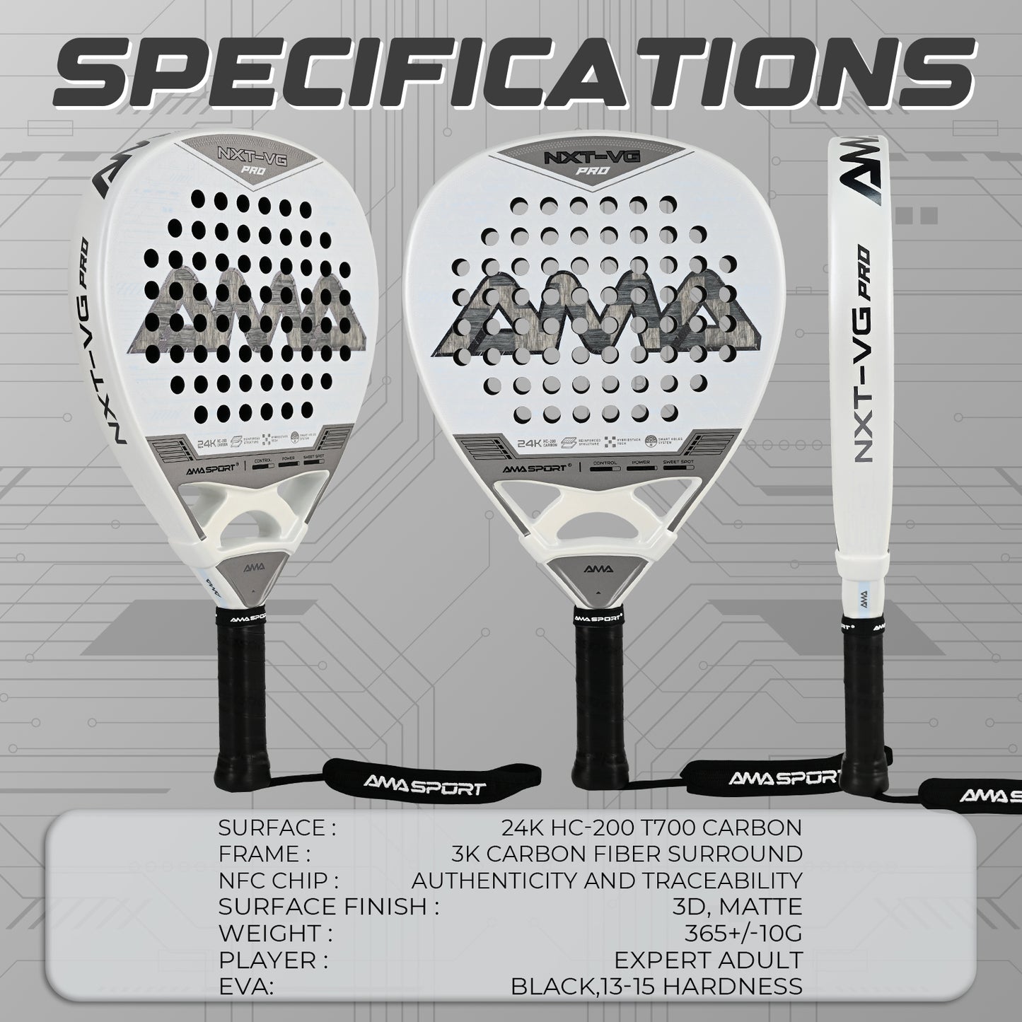 AMA Sport NXT-VG Pro Padel Racket 24K Carbon Diamond Shape White